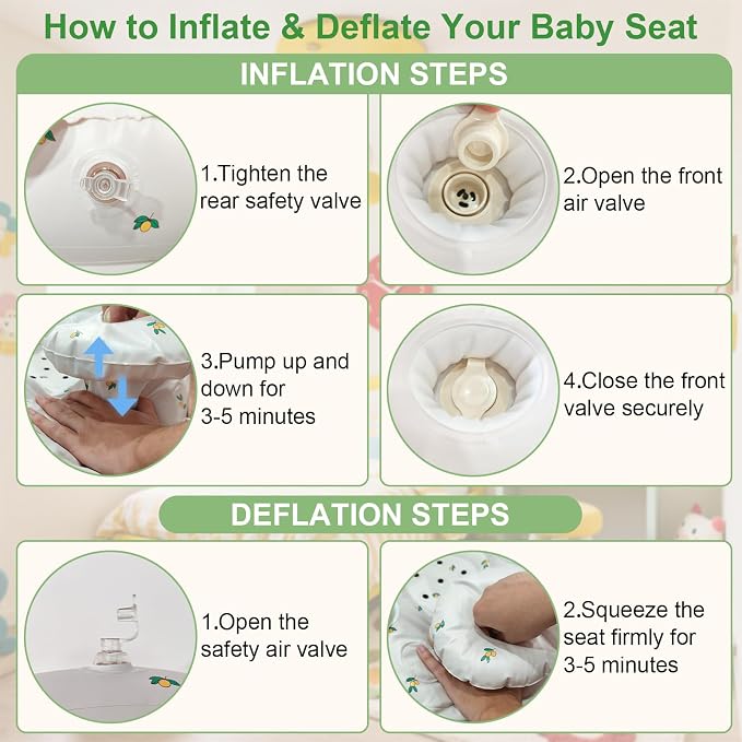 Inflatable Baby Seat for Babies 3-36 Months, Baby Chair with Fence & Built in Air Pump, Blow Up Floor Baby Seat with Back Support, Baby Chair Sit Me Up Olive-Tray