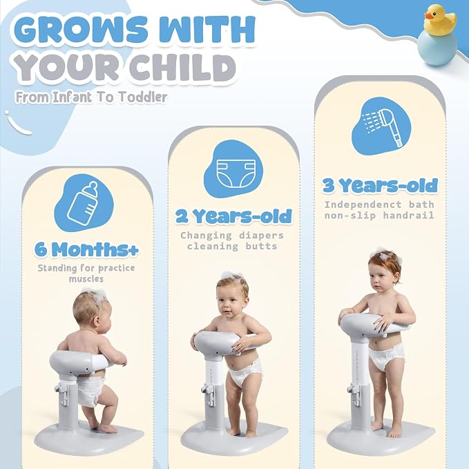 Orzbow Baby Bath Stand, Adjustable Height Baby Shower Stand, Toddler Shower Standing Support with Non-Slip Base for Infant 6-36 Months, Easy-Use, Ideal Gift, Gray