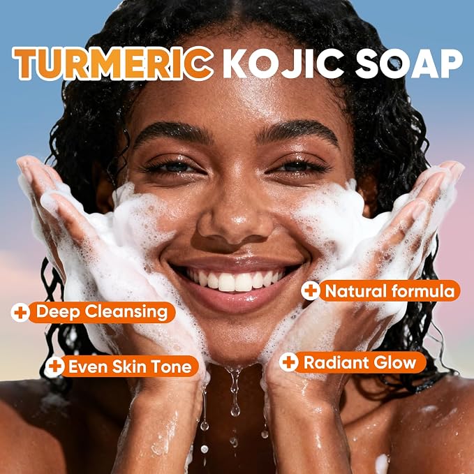 3P Turmeric Kojic Acid Soap Bars with African Exfoliating Net Sponge, Infused with Retinol, Vitamin E & Shea Butter - For Face & Body, SLS Free, Suitable for Oily & Dry Skin