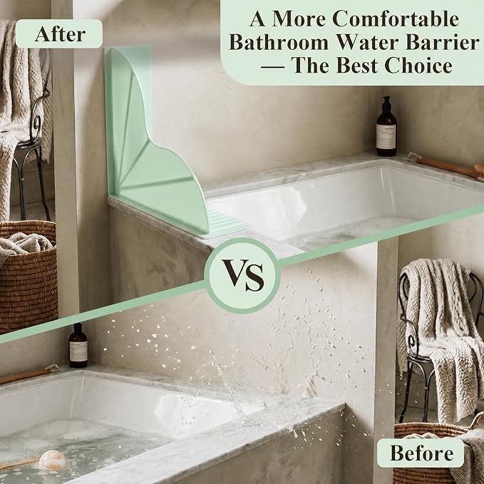 2-Pack Green All-Silicone Bathtub Splash Guards. | No-Glue Corner Water Stopper with Secure Suction Cups, Easy On/Off Bath Tub Leak Proof Barrier for Walk-in Showers.
