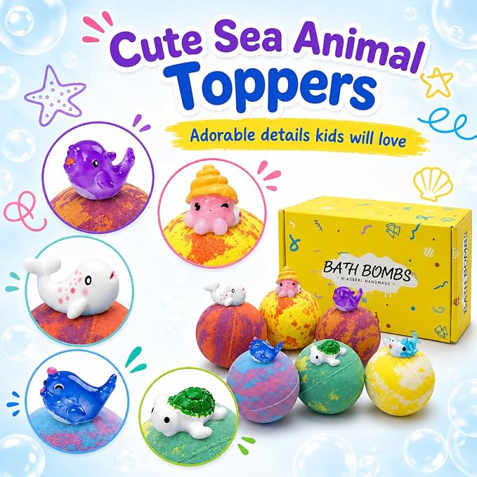 Bath Bombs for Kids with Surprise Inside, 6 PCS Bath Bombs Gift Set with Sea Animal Toys, Fizzy Bubble Bath Bombs with 6 Scents for Girls Ages 3+, Kids Bath Bombs for Toddler Christmas Birthday Gifts