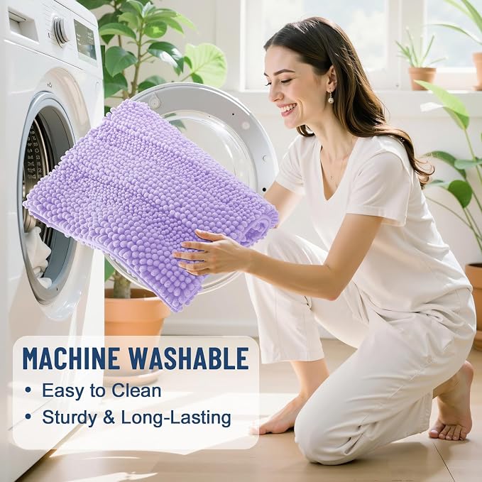 Grandaily Chenille Striped Bathroom Rugs 47x17, Extra Thick and Soft Absorbent Bath Mats, Rubber Backing, Plush Shaggy Shower Carpet, Machine Wash Dry, Bath Rug for Bathroom, Light Purple