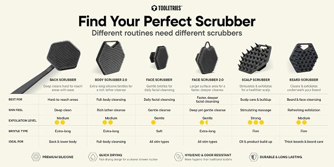 TOOLETRIES Silicone Back Scrubber for Shower, Exfoliating Body & Bath Brush, Long Ergonomic Handle, Non-Slip Grip for Hard-to-Reach Areas, Hygienic Silicone Bath Accessory for Men & Women - Charcoal