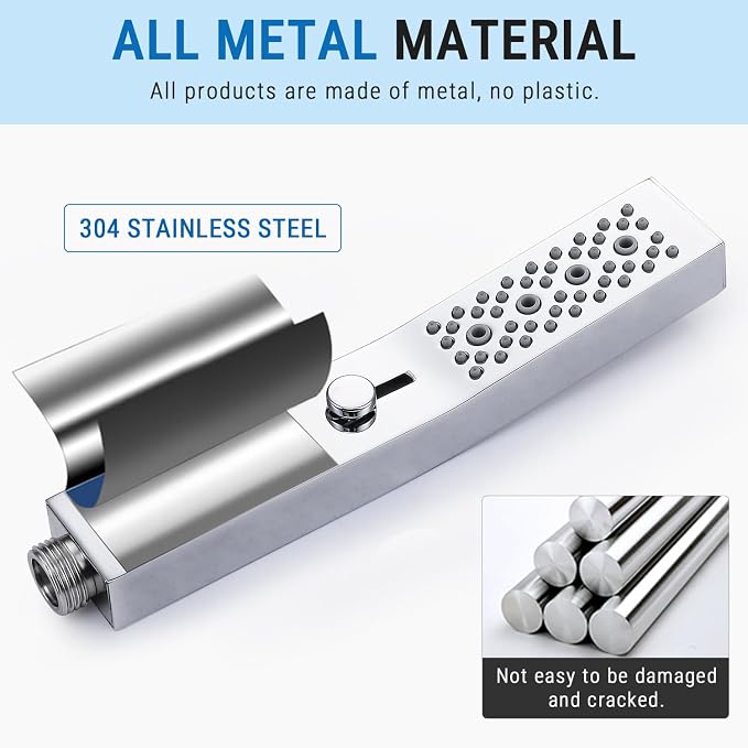 G-Promise All Metal 3 Function Handheld Shower Head Build-in Massage Mode, with 70 Inch Stainless Steel Shower Hose Extra Long and Dual Purpose Hand Held Holder, Slide Adjustment Mode, Chrome
