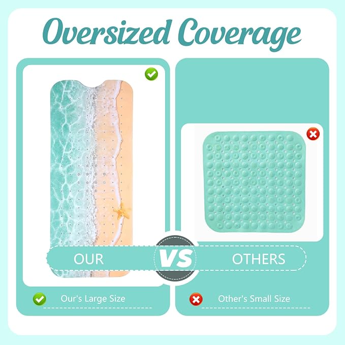 Breling Summer Beach Bathtub Mat Non Slip, 40 x 16 Inch Tub Mat for Bathroom, Starfish Bath Tub Shower Mats with Drain Holes and Suction Cups, Beach Ocean Themed Coastal Bathroom Decor