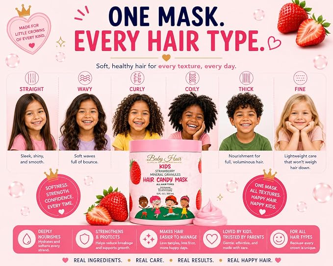 BABY HAIR Kids Strawberry Mineral Hair Candy Mask | Deep Conditioning Hair Mask for Kids | Moisturizes, Softens & Helps Detangle | Sulfate Free | 10 fl oz
