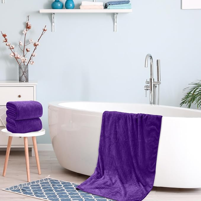 SmoothNovelty 2 Pcs Oversized Coral Fleece Bath Sheets 40 x 80 Inch, Lightweight Extra Large Towel Blanket, Soft Jumbo Bathroom Towels with Hanging Loop for Bath, Pool, Beach, Spa, Travel (Purple)