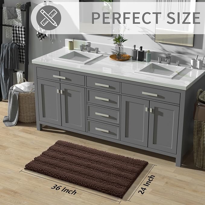 Yimobra Bathroom Rug Mat 36 x 24, Non Slip and Super Absorbent Bath Mat,Machine Washable Quick Dry,Ultra Plush Chenille Shower Rugs for Bathroom Floor Sink Tub and Shower Outside,Brown