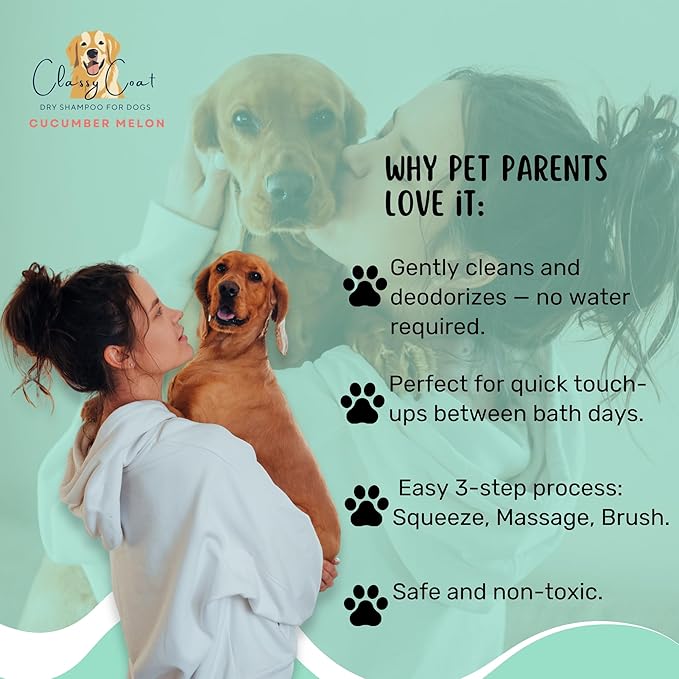 Dry Shampoo & Coat Deodorizer for Dogs (Cucumber Melon) | Waterless No-Rinse Squeeze Bottle Powder Formula | Calming Lavender Scent | Talc and Alcohol Free | Safe for Sensitive Skin | Made in USA