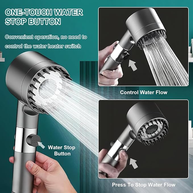 Ion Drop Shower Head - High Pressure Handheld Showerhead with 5 Filters, 4 Spray Modes, Pause Switch, Ion Shower Head with 59" Explosion-Proof Hose & Bracket for Hard Water & Pets, Gray