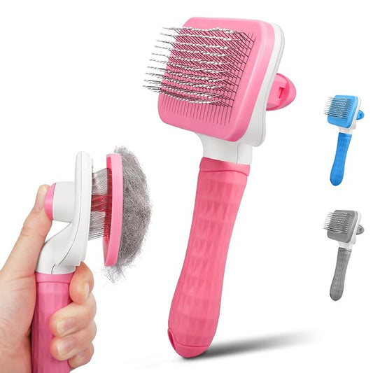 Dog & Cat Brush, Self Cleaning Slicker Brush for Pets, Upgraded Dog Brush for Shedding Massaging and Grooming, Removes Loose Undercoat & Portable Comb for Long Short Haired Dogs(Pink)