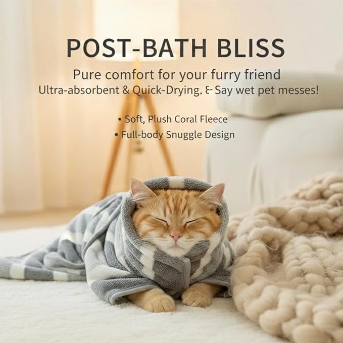 Cat Bathrobe Super Absorbent Drying Towel Full Wrap Quick Dry Pet Robe for Large Medium Small Dogs Adjustable Grooming Coat for After Bathing Swimming & Rainy Day (Gray & White Stripes,Large)