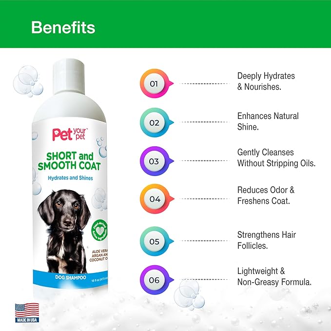Natural Dog Shampoo for Short Coats – Hydrating Wash with Aloe, Argan & Coconut Oil – Deodorizing for Dachshunds, French Bulldogs & Boxers, Labrador Retriever – 16 oz