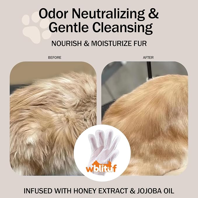 Pet Glove Wipes, Disposable Grooming Mitts for Dogs and Cats, Waterless Bath, Lick-Safe, with Jojoba Oil, Honey Extract and Shea Butter, 20 Count (Extra Thick, 20 Count-Glove Wipes)