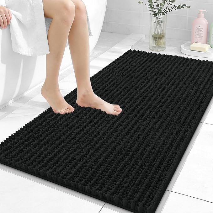 OLANLY Bathroom Rug Mat 44x24, Thick Soft and Absorbent Chenille Bath Mat, Non-Slip Rubber Backing, Machine Washable Quick Dry Bath Rugs for Tub Shower Floor, Home Decor Accessories, Black