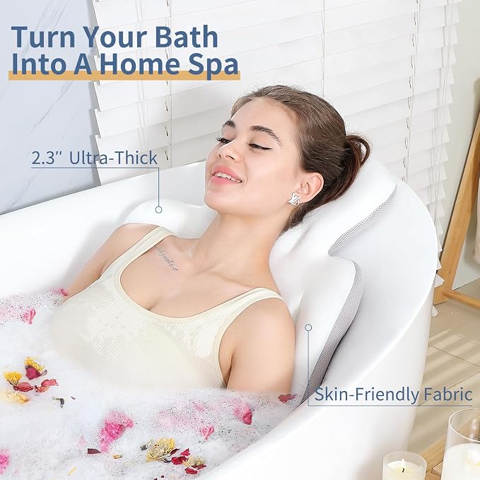 Luxury Bath Cushion, Full Body Bathtub Pillow with 160 Suction Cups, Bath Mat for Head and Neck Support, with Laundry Bag (White, 51" x 16")