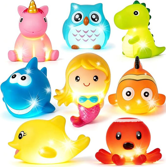 Bath Toys for Toddlers Baby 8 Pack Light Up Toys - Bathtub Toy Flashing Colourful LED Light Shower Bathtime for Kids Infants Shark, Clown Fish, Owl, Unicorn, Octopus, Dolphin, Dinosaur Mermaid