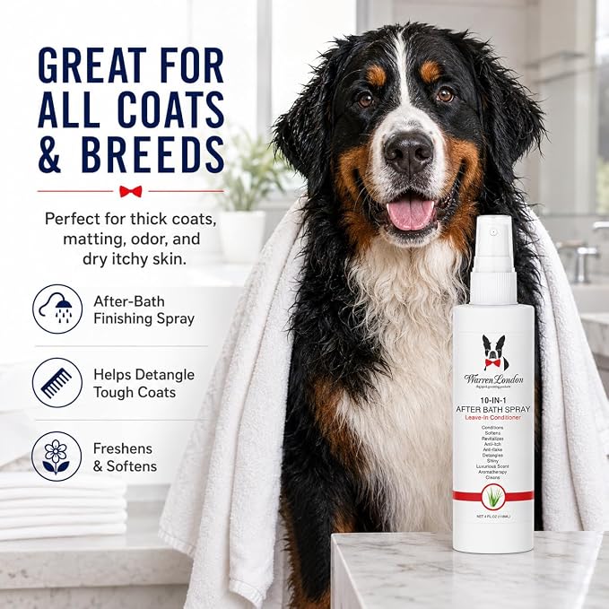Warren London 10-in-1 After Bath Dog Spray | Leave-in Conditioner & Detangler for Dogs | Aloe Vera, Silk Amino Acids & Green Tea | Fresh Scent | 4oz Travel Size | Made in USA
