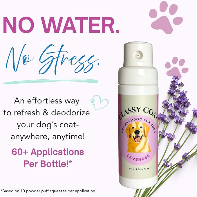 Dry Shampoo Powder & Coat Deodorizer for Dogs (Lavender) | Waterless No-Rinse Squeeze Bottle Formula | Calming Scent | Talc and Alcohol Free | Safe for Sensitive Skin | Made in USA
