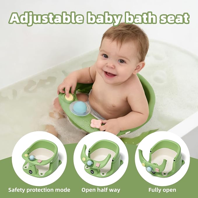 Baby Bath Seat for Babies 6 Months & up with Thermometer, Non-Slip Toddler Bath Seats for Sitting Up, Safe Infant & Newborn Bathtub Chair with 4 Suction Cups, Soft Cushion & Temperature Display, Green