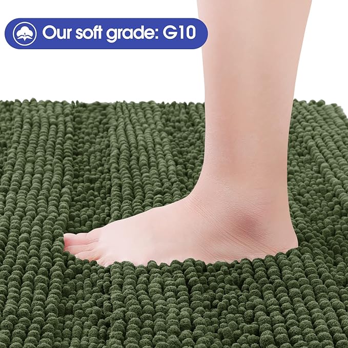 Christmas Striped Olive Green Bathroom Rug Mat Set 2 piece 32"x20"+24"x17" Ultra Soft, Non Slip Chenille Bath Rugs, Absorbent Plush Shaggy Bath Mats for Bathroom, Bedroom, Kitchen, Shower, Tub