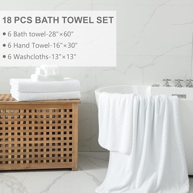 Smuge 18-Piece Bath Towel Set, Include 6 Bath Towel Sheets, 6 Hand Towels and 6 Washcloths - Highly Absorbent Quick Dry 100% Microfiber,Ultra Soft Bathroom Towel Set (White)