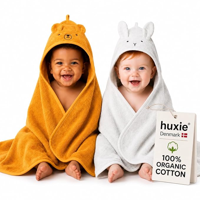 Hooded Baby Towels – 100% Organic Cotton Baby Bath Towels – Baby Boy and Baby Girl Newborn Essentials - Super-Soft and Absorbent. (2-Pack Rabbit Pearl Grey and Bear Yellow)