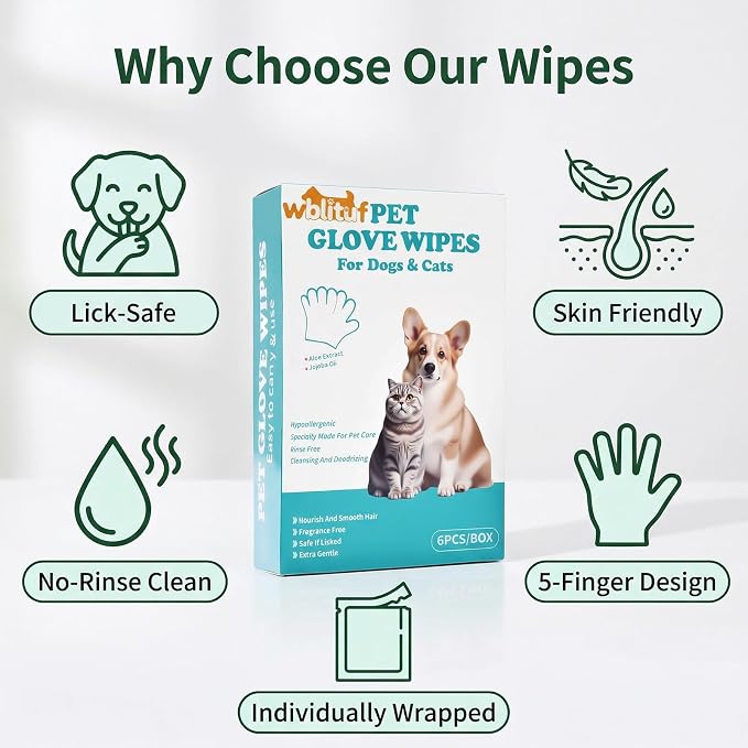 Pet Cleaning Glove Wipes, 6 Count