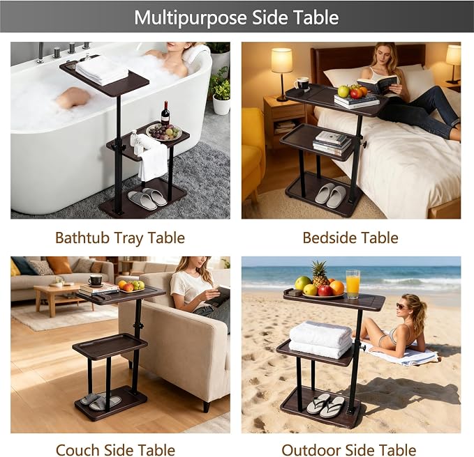 3 Layer Bathtub Tray Table,Bamboo Swivel Bathtub Side Table Height Adjustable,Freestanding Bathtub Tray for Tub Against Wall,Bathtub Accessories&Bathroom Organizer for Luxury Home Spa (Brown1)