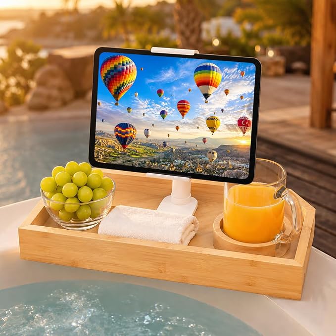 Vespara Bamboo Hot Tub Table with Adjustable Phone Holder, Non Slip Hot Tub Table Spa Gift for Women, Bathtub Canddy Tray with Wine Glass Holder for Luxury Bathtub Bathroom Accessories (Natural)