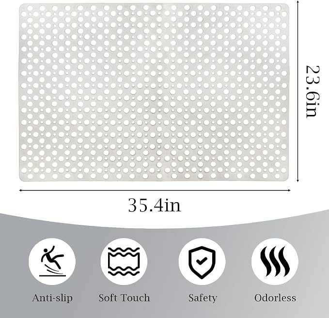 Tiamo Large Shower Mat Non Slip TPE Bathtub Mat Suction Cups for Elderly | 36x24inch rectangle,inside shower,big drain holes,quick dry,smooth tile floors,seniors,White