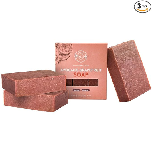 Crate 61 Organics, Handmade in Canada, Plant Based Cold Process Natural Bar Soap For Face And Body, With Premium Essential Oils, For Men And Women 3 Pack (Avocado Grapefruit)
