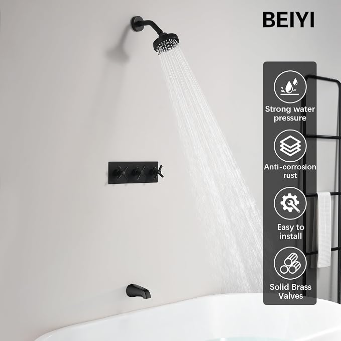 3 Handle Tub Shower Faucet Matte Black Shower Tub Faucet Set 3 Knob Bathtub Shower Faucets Sets Complete BY3HSTB-1