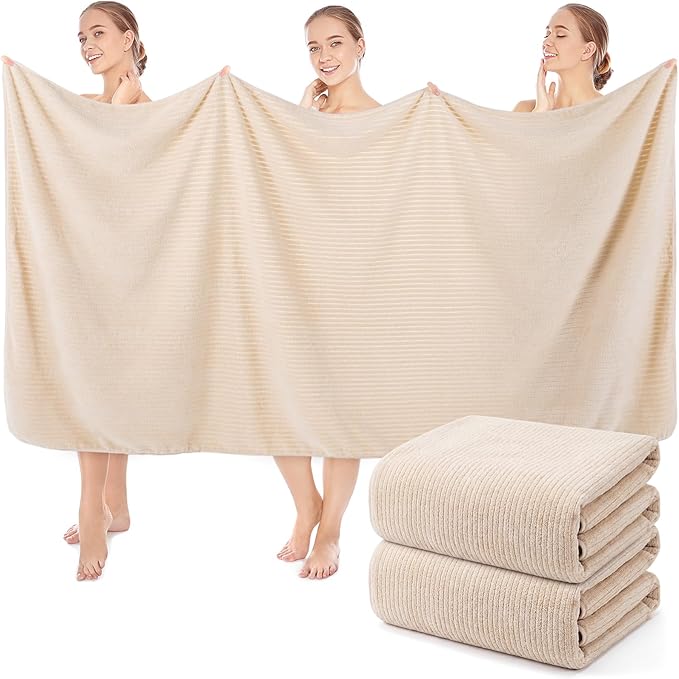 SmoothNovelty 2 Pcs Oversized Coral Fleece Bath Sheets 40 x 80 Inch, Lightweight Extra Large Towel Blanket, Soft Jumbo Bathroom Towels with Hanging Loop for Bath, Pool, Beach, Spa, Travel (Beige)
