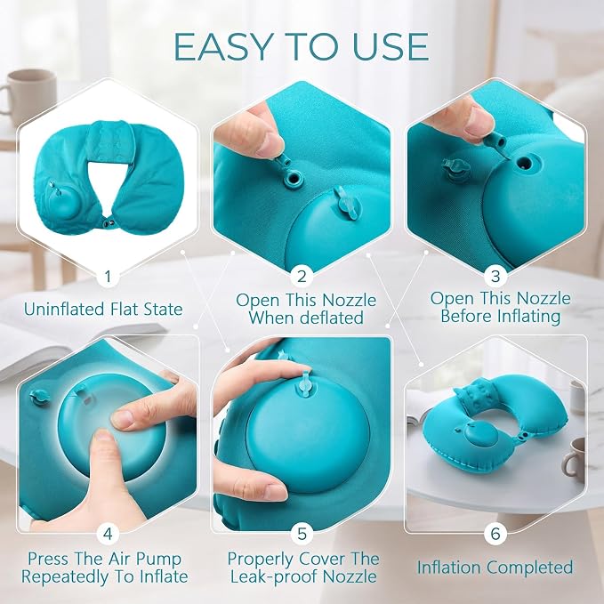 Colingmill 2 Pcs Inflatable Bath Pillows for Tub, U-Shaped Neck & Head Support Cushion, Portable Blow Up Travel Neck Pillow with Adjustable Button for Airplanes & Home Spa(Grey, Peacock Blue)