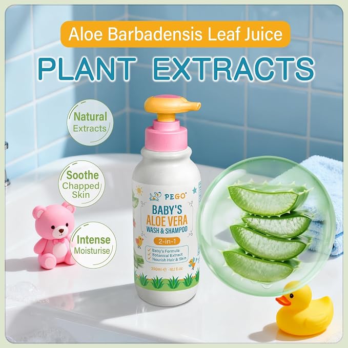 PEGO Baby Shampoo & Body Wash 2-in-1 with Aloe Vera & Vitamin B5, Gently Cleanses Newborn's Delicate Skin & Hair, Hypoallergenic, Safe for Baby, Toddler, Kids & Family 300ml/10.1fl.oz