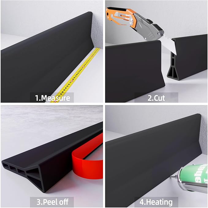 Raycity 3" High Shower Threshold Water Dam 98 IN Collapsible Shower Water Splash Guard for Curbless Shower Threshold Barrier Water Stopper for Wet and Dry Separation Bathroom and Kitchen (Black)