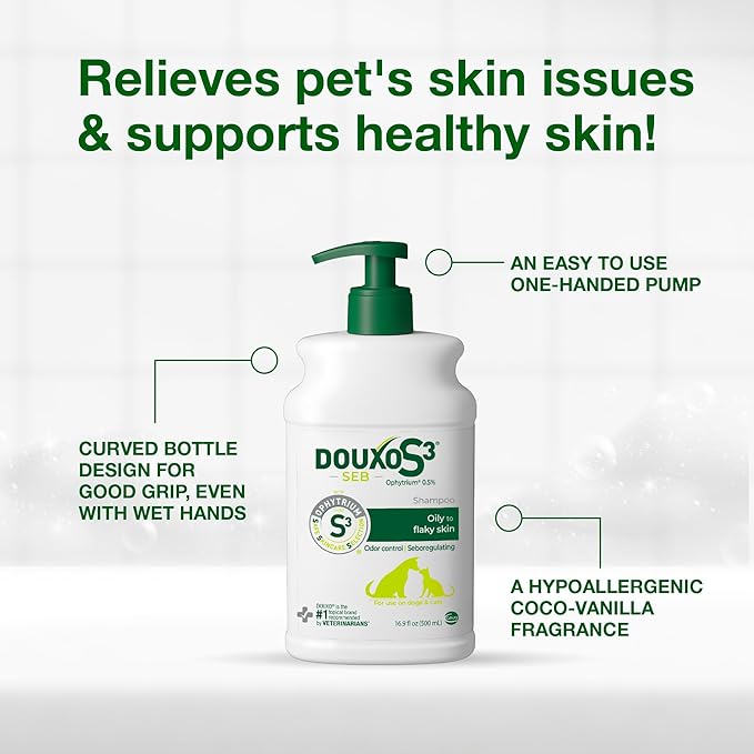 Douxo S3 SEB Dog Seboregulating Shampoo, Seborrhea Treatment for Dogs & Cats, Helps Control Dandruff, Unpleasant Odors & Oily/Flaky Skin, 0.5% Ophytrium, 16.9 fl oz