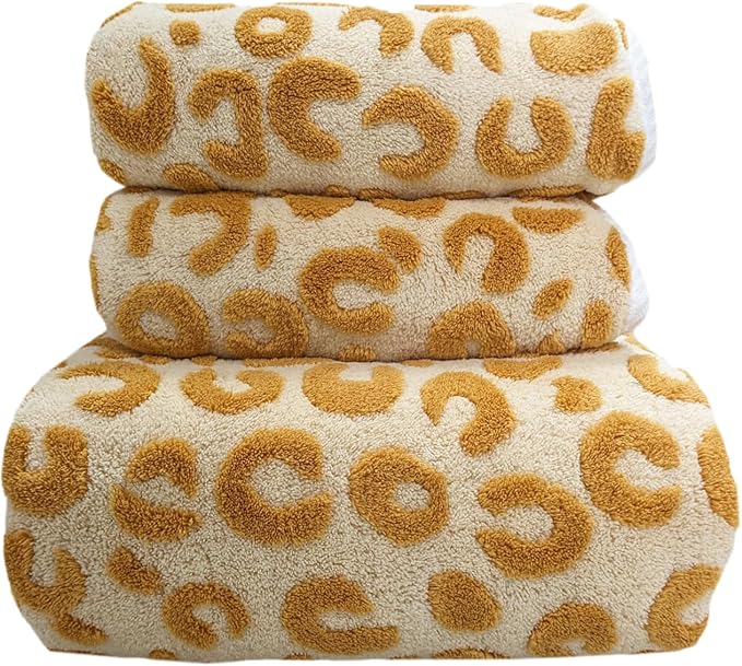 USTIDE 3 Pieces Leopard Print Bathtowel Sets Ginger Yellow Absorbent Soft Towels for Bathroom Gym Bath Sheets (1 Bath Towel, 2Hand Towel)