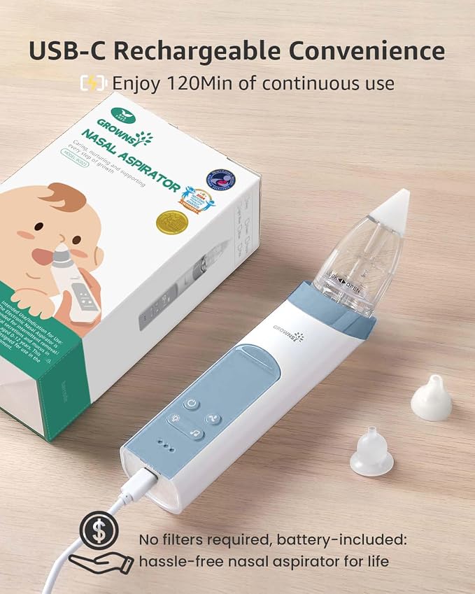 GROWNSY Nasal Aspirator for Baby, Electric Nose Aspirator for Toddler, Baby Nose Sucker, Automatic Nose Cleaner with 3 Silicone Tips, Adjustable Suction Level, Music and Light Soothing Function, Blue