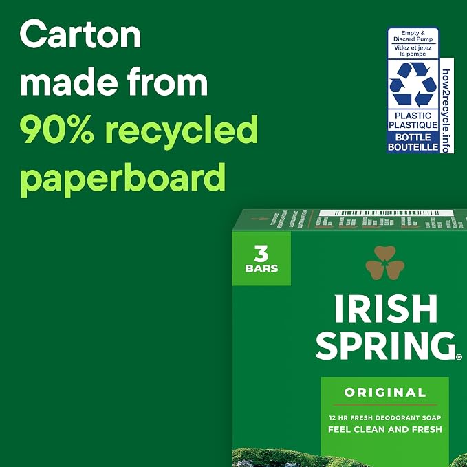 Irish Spring Bar Soap for Men, Original Clean, Smell Fresh and Clean for 12 Hours, Men Soap Bars for Washing Hands and Body, Mild for Skin, Recyclable Carton, 3.7 Ounce - 3 Count (Pack of 8)