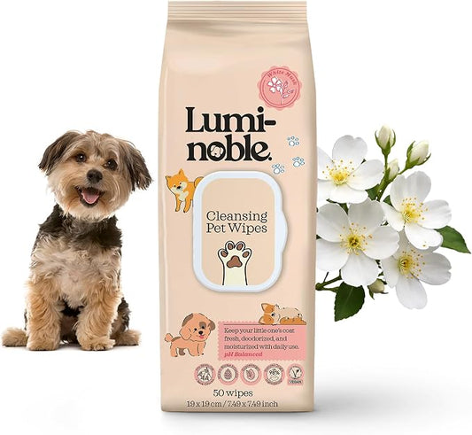 LUMI-NOBLE. Puppy Wipes for Dogs & Cats - 50 Ct Hypoallergenic Grooming Wipe, White Musk Scent, Dog Wipes Cleaning deodorizing for Paws, Ears, Butt & Body, Vegan, Sensitive Skin Safe