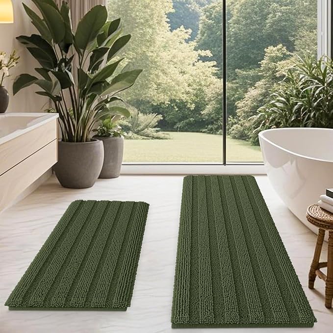 Christmas Striped Olive Green Bathroom Rug Mat Set 2 piece 24"x17"+48"x20" Ultra Soft, Non Slip Chenille Bath Rugs, Absorbent Plush Shaggy Bath Mats for Bathroom, Bedroom, Kitchen, Shower, Tub