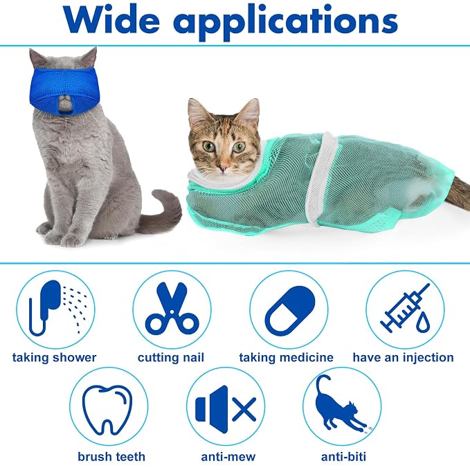 10 Pcs Cat Bathing Bag Set Pet Mesh Shower Bag Anti Bite and Scratch Pet Grooming for Washing Brush, Cat Muzzle, Nail Clipper, Nail File, Tick Tool (Blue and Gray)