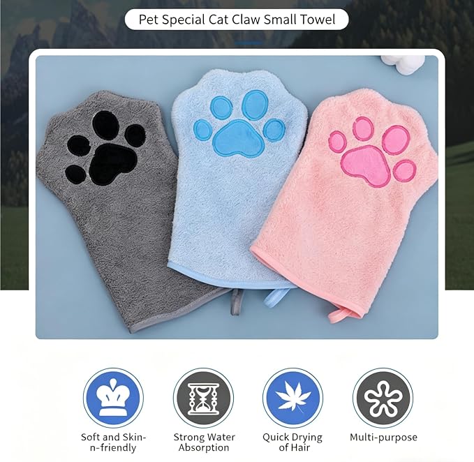 Pet Drying Towel Glove for Dogs and Cats, Super Absorbent Microfiber Pet Bath Towel Mitt, Quick Dry Dog Grooming Towel for Wet Fur, Soft Paw Design Cleaning Cloth for Small Medium Pets (Blue)