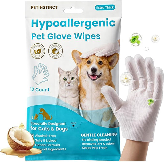 Extra Thick Pet Glove Wipes for Dogs Cats, Double Moisture No-Rinse Deodorizing Grooming Gloves for Paws, Body, Ears & Eyes, Hypoallergenic Dog Cleaning Wipes, Coconut Scent, 12 Count