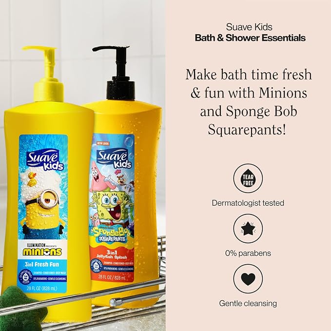 Suave Kids 3-in-1 Variety 2-Pack – Minions Fresh Fun + SpongeBob SquarePants JellyFish Splash Tear-Free Shampoo, Conditioner & Body Wash, 28 Oz Ea