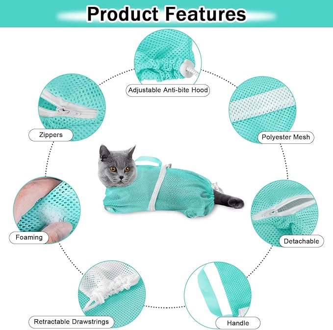 JULMELON 10 PCS Cat Washing Bag for Bath Shower Adjustable Net Grooming Set | Pet Brush Nail Clipper File, Hair Combs Tick Tool, Nail Caps, Bathing Trimming Examination, Pink and Green