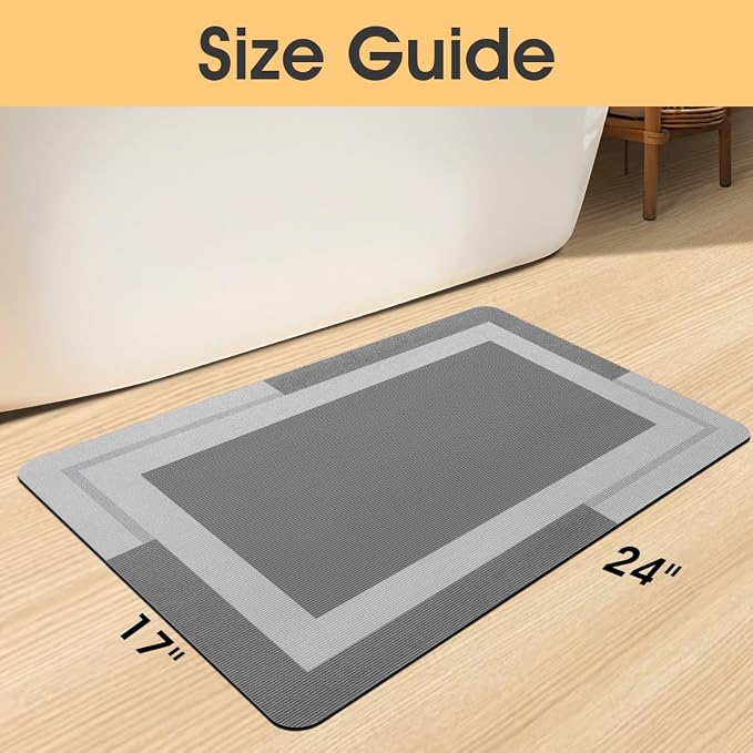 ACCUMTEK Non Slip Bath Mat, Thin Bathroom Rugs Fit Under Door, Quick Dry Bath Mats, Machine Washable Bath Rugs for Bathroom, Bathtub & Kitchen, Bathtub & Kitchen, Grey/Bordered/24 x16