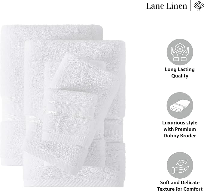 LANE LINEN Luxury Bath Towels Set - 3 Piece 100% Cotton Bathroom Towels, Quick Dry, Extra Aborbent, Super Soft Towels Set 1 Hand Towel, 1 Wash Cloths, 1 Bath Towel, White
